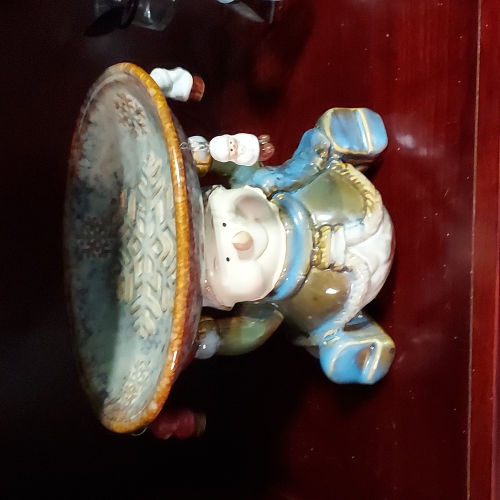 Ceramic Snowman w/Candy Dish 7 1/4 inches H x 7 3/4 inches W. Multicolors